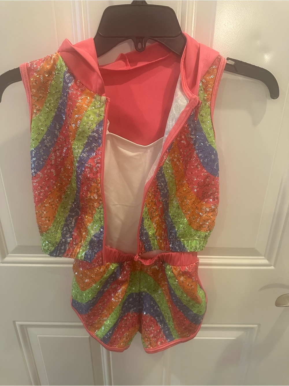 Kids Sequin Rainbow Hooded Costume Romper - Pink